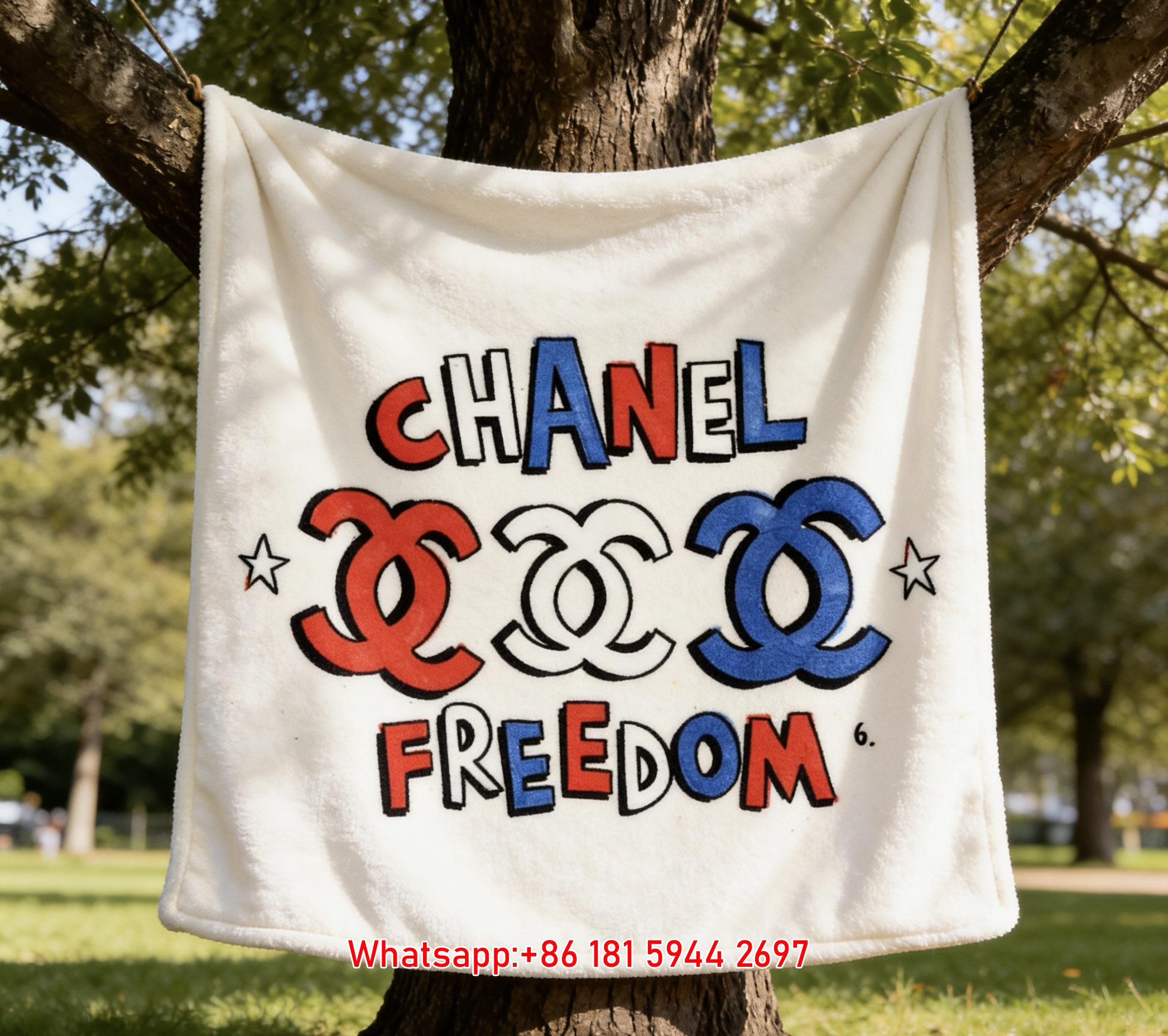 Chanel Red White Blue Freedom CC Logo Flannel Throw Blanket IMG_6652